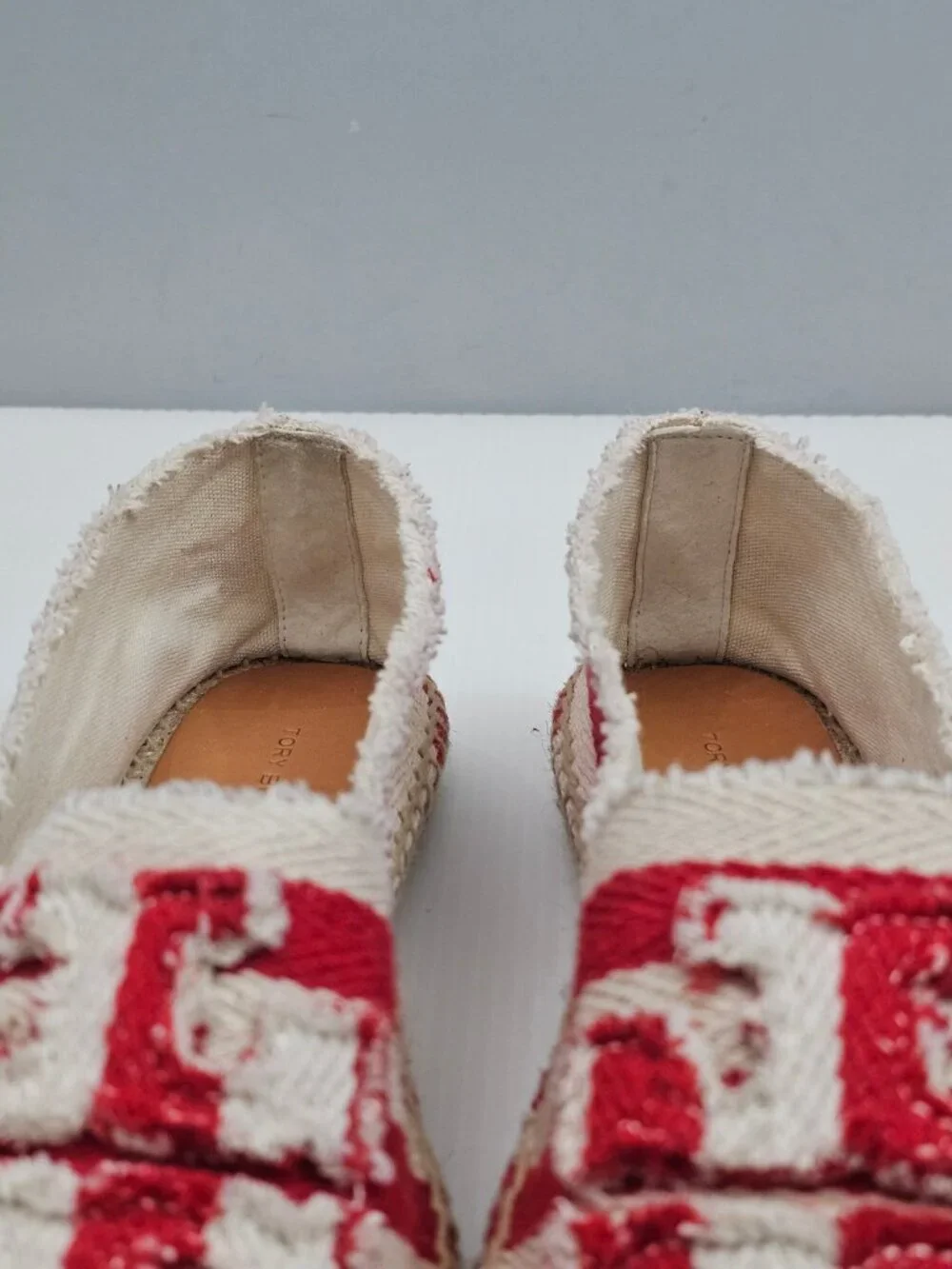 Tory Burch Fray Stripe Espadrille Flats Womens 7.5 Red White Logo Canvas Slip On
